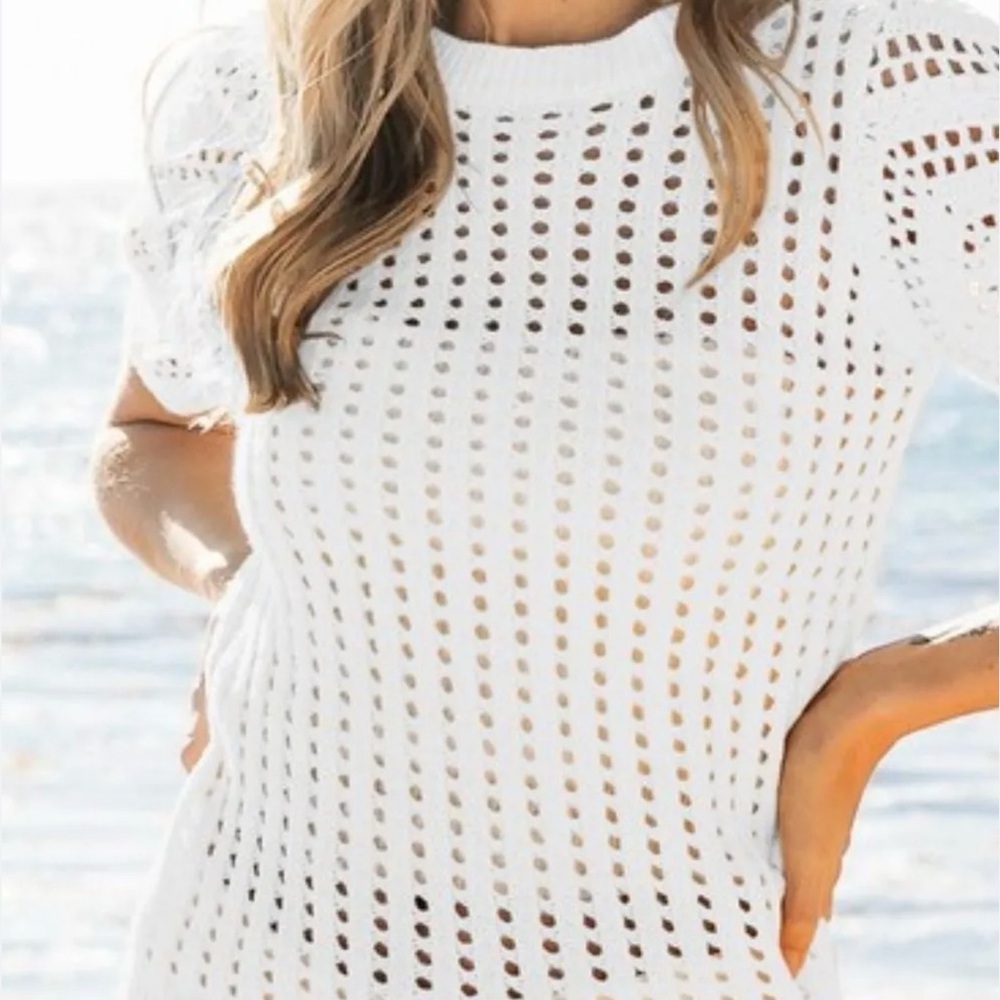 BiBi Crochet Knit Cover‎ Up With Puff Sleeves Size Large